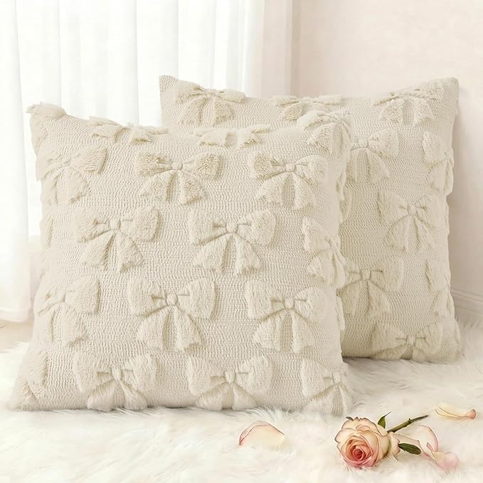 decorUhome Beige Bow Pillow Covers Set of 2 Coquette Aesthetic Cute Preppy Plush Faux Pillowcases for Girly Bedroom or Couch 16x16 Inch