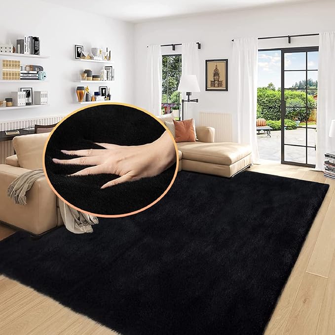 ORINOVA Black Washable Area Rugs 6x9 Rugs for Living Room Faux Rabbit Fuzzy Fur Rug for Bedroom Nursery Rugs Room Décor