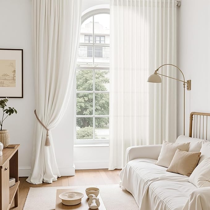 Nanspring Neutral Linen Curtains 84 Inch Length 2 Panels Set for Living Room Light Filtering Semi Sheer Curtain Back Tab and Rod Pocket Luxury Modern Farmhouse Coastal Decor Drapes for Bedroom 52x84