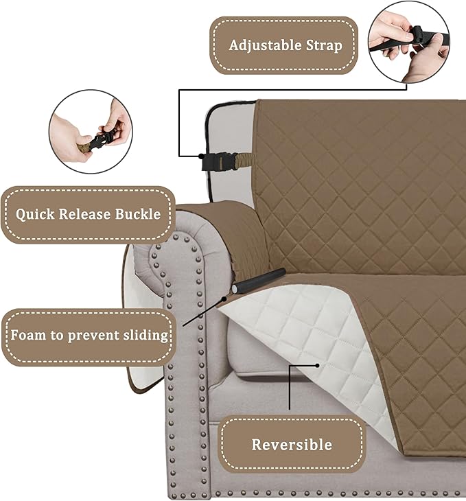 Easy-Going Reversible Chair Cover Washable Sofa Cover for Dogs Water Resistant Couch Slipcover Furniture Protector Cover with Adjustable Straps for Pets (Chair 30 in, Camel/Ivory)