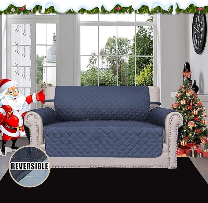 Easy-Going Reversible Loveseat Couch Cover for 2 Cushion Couch Sofa Cover for Dogs Water Resistant Furniture Protector with Foam Sticks Elastic Straps for Pet (Loveseat, Dark Blue/Light Blue)
