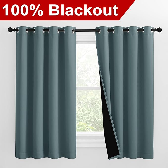 NICETOWN 100% Blackout Curtains 57 inches Long, Double-Deck Completely Blackout Window Treatment Thermal Insulated Lined Drapes for Small Window (Greyish Blue, 1 Pair, 55 inches Width Each Panel)