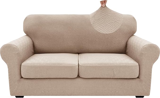 XINEAGE 2026 New 3 Pieces Couch Covers for 2 Cushion Sofa Super Stretch Loveseat Slipcover Pet Dog Universal Slip Cover Anti Slip Love Seat Furniture Protector (Khaki, 55"-69")