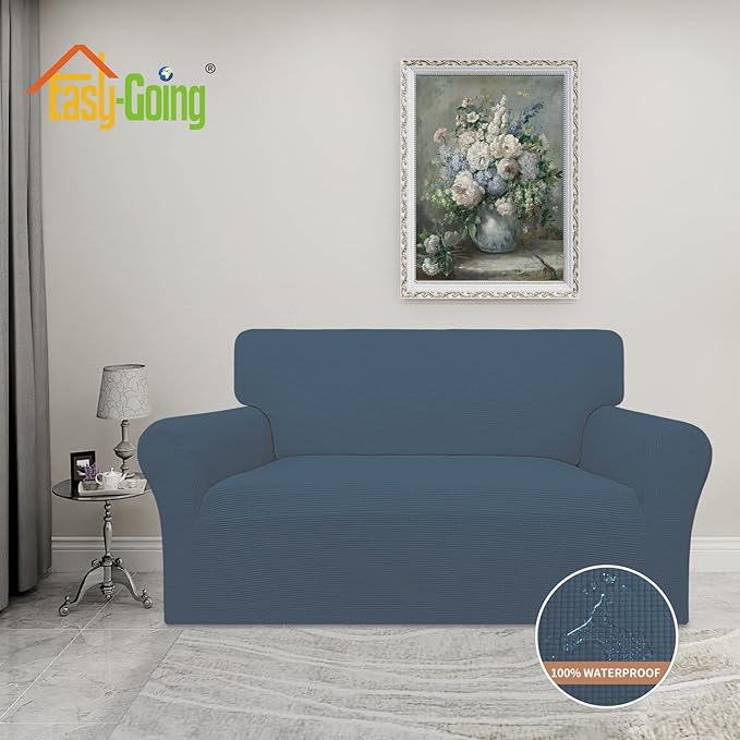 Easy-Going 100% Waterproof Oversized Loveseat Couch Cover, Dual Waterproof Sofa Cover, Stretch Jacquard Sofa Slipcover, Leakproof Furniture Protector for Kids, Pets, Dog and Cat, Bluestone