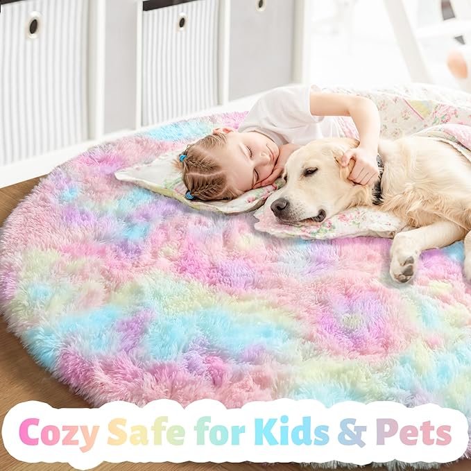 Amdrebio Rainbow Fluffy Small Round Rug 3Ft Kids Rugs for Girls Bedroom, Unicorn Room Decor, Colorful Pastel Shag Carpet for Dorm, Soft Cute Fuzzy Kawaii Circle Area Rugs for Baby Nursery, Playroom