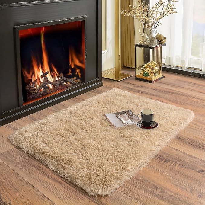 Soft Runner Rugs for Bedroom Hallways, 2 Packs 2x3 Beige Fluffy Shag Throw Area Rug Non Slip for Bedside Dorm, Long Shaggy Furry Carpet for Nursery Living Room