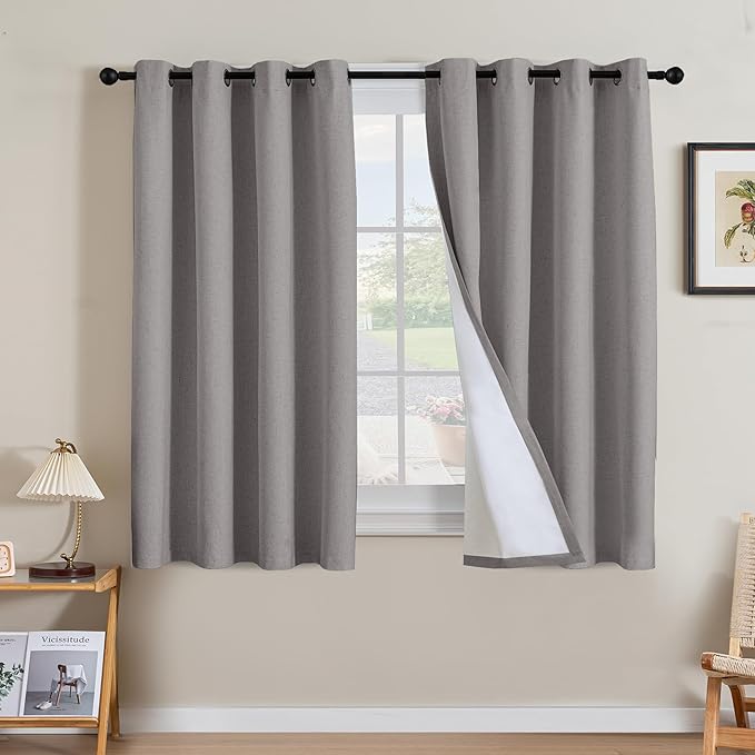 H.VERSAILTEX Linen Curtains 100% Blackout Curtains for Bedroom 54 inch Long Full Light Blocking Nature Linen Blended Window Curtains for Living Room Nickel Grommet (2 Panels, Heathered Dove)