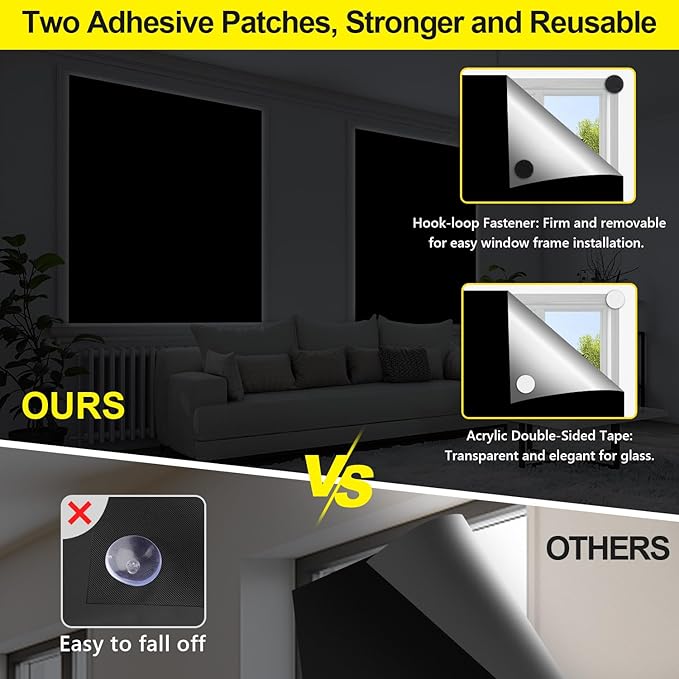 FADOTY Blackout Curtains for Bedroom, Portable 100% Black Out Window Cover Film, Cuttable Blackout Shades Fabric Sheet, No Drill Window Blinds, Sun Heat Light Blocker for Travel Media Dorm, 57'' W