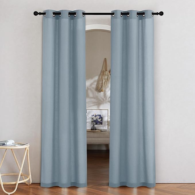NICETOWN Stone Blue Linen Doorway Curtains 80 inches Long, Grommet Thick Linen Weave Semi Sheer Window Treatments Privacy Assured with Light Filtering for Bedroom/Side Door, W34 x L80