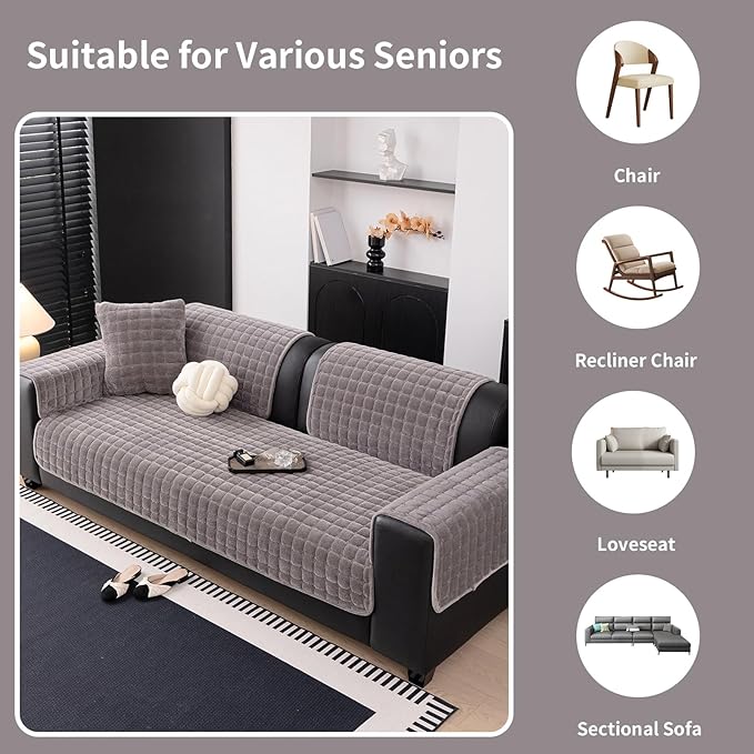 Velvet Couch Cover, Washable Sectional Sofa Cover, Anti Slip Sofa Slipcovers for 3 Cushion Couch Sofa L Shaped Recliner, Furniture Protector Covers for Pets Kids(Dark Grey, Only 1 PCS)