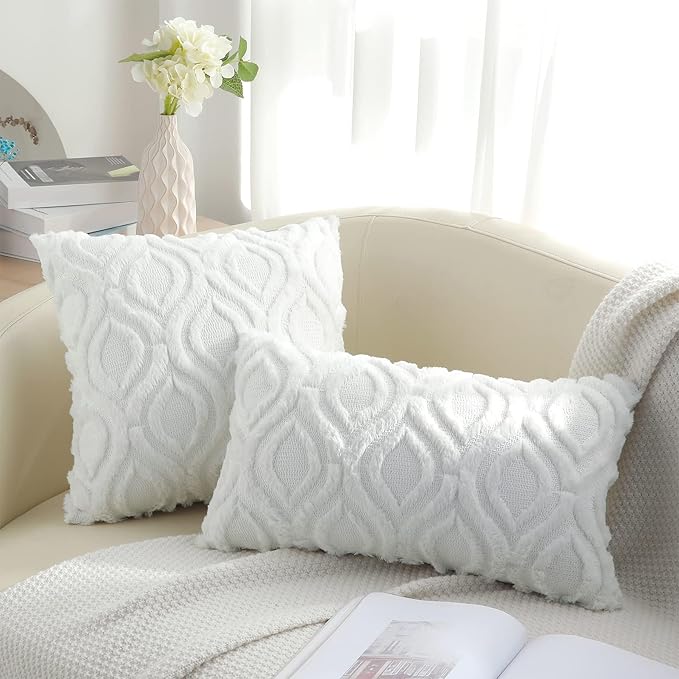 decorUhome Throw Pillow Covers 22x22 Inch Set of 2, Soft Plush Faux Wool White Solid Couch Pillow Covers, Accent Euro Sham Farmhouse Neutral Square Pillow Cases for Sofa Bed Living Room