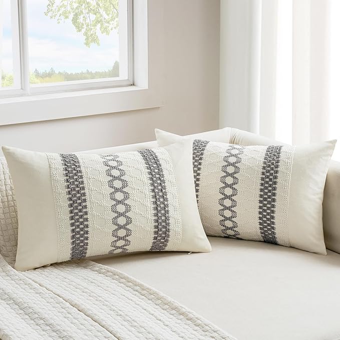 MIULEE Set of 2 Gray Boho Decorative Lumbar Pillow Covers 12x20 Inch Farmhouse Rustic Couch Throw Pillows Modern Cotton Cushion Covers Retro Cute Macrame Woven Spring Home Decor for Bed Sofa Chair