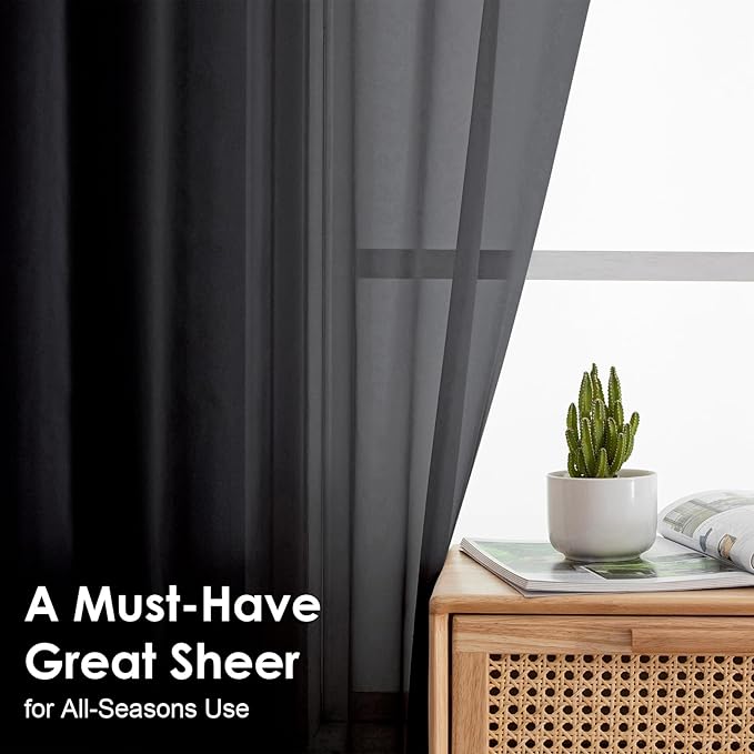 OVZME Black Sheer Curtains 84 Inches Long 2 Panel Sets, Solid Color Lightweight Voile with Light Filter for Sliding Door, Living Room&Bedroom (W42 x L84, 1 Pair)