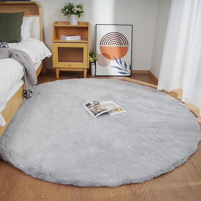 Ghouse Faux Rabbit Fur Round Rug 5ft Grey Round Rugs for Bedroom Decor Fluffy Area Rugs for Living Room, no-Shedding Carpet Sheepskin Washable Rug Rome Decor
