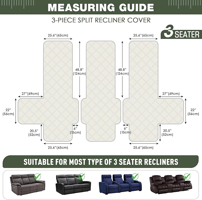 TAOCOCO 100% Waterproof Recliner Sofa Cover, Non Slip Split Couch Covers for Reclining Couches with Elastic Strap, Washable Reclining Sofa Cover Furniture Protector for Kids Pets(3 Seater, Bean Green)