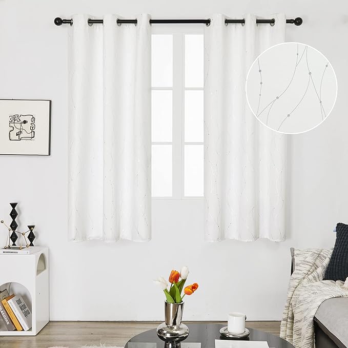 Deconovo White Short Curtains, Room Darkening Curtain, Thermal Insulated Soundproof Drapes, Wave Dots Silver Print, 38 x 45 Inch, Grommet Top, Window Panels for Living Room Bedroom Kitchen, Set of 2