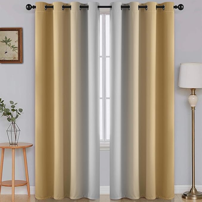SimpleHome Ombre Room Darkening Curtains for Bedroom, Gradient Beige to Grey White Light Blocking Thermal Insulated Grommet Window Curtain/Drapes for Living Room,2 Panels, 52x84 inches Length