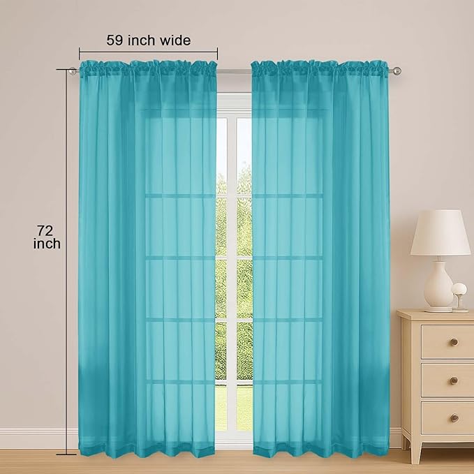 OWENIE Turquoise Sheer Curtains 72 Inches Long 2 Panels Set, Transparent Voile Sheer Curtain for Living Room Bedroom Window Sliding Glass Door Treatment, 59 x 72 Inch, Turquoise