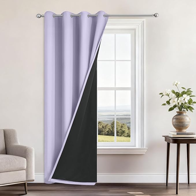 Yakamok 100% Blackout Curtains 84 Inches Long, 2 Thick Layers Heat and Full Light Blocking Soft Thermal Insulated Drapes for Bedroom(52" Wide Each Panel, Lilac, 1 Panel)