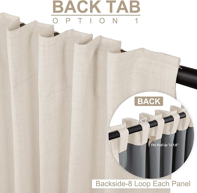100% Blackout Shield Linen Blackout Curtains for Bedroom 90 Inches Long, Back Tab/Rod Pocket Living Room Drapes, Thermal Insulated Blackout Curtains 2 Panels Set, 50" W x 90" L, Beige White