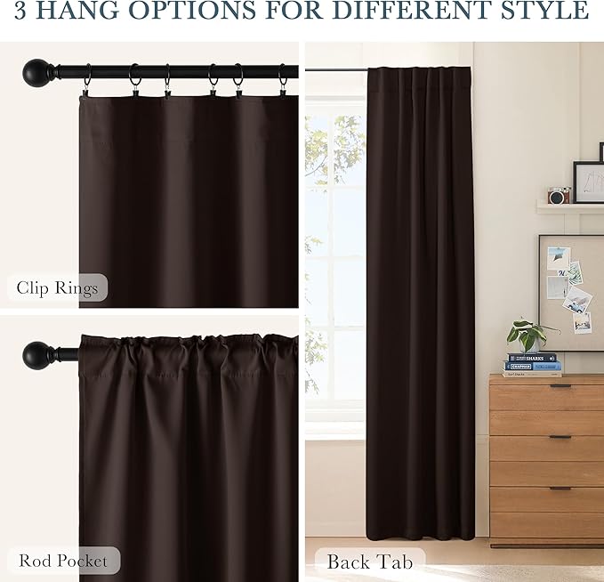 Pony Dance Short Length Curtains for Kitchen, Solid Half Window Curtain Tiers for Bathroom Energy Saving Privacy Shade for RV Camper (2 Panels, Brown, 34x45 Inch)