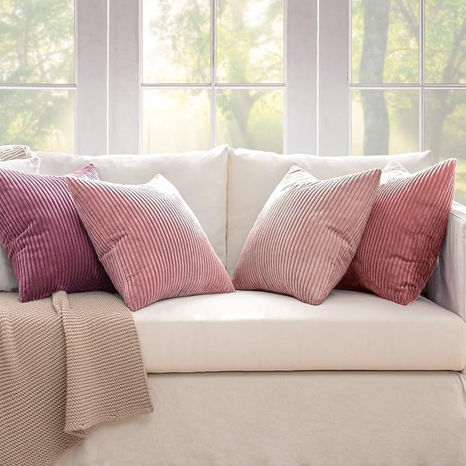 MIULEE Pack of 4 Purple Pink Valentines Corduroy Decorative Throw Pillow Covers 18x18 Inch Soft Boho Striped Pillow Covers Modern Farmhouse Spring Home Decor for Sofa Living Room Couch Bed