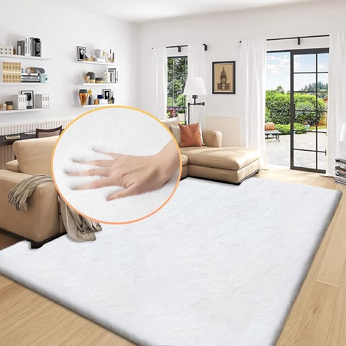 ORINOVA White Fluffy Living Room Rugs 6x9 Area Rug Washable Shag Rugs for Bedroom Faux Rabbit Fur Nursery Rug Rectangle Rug