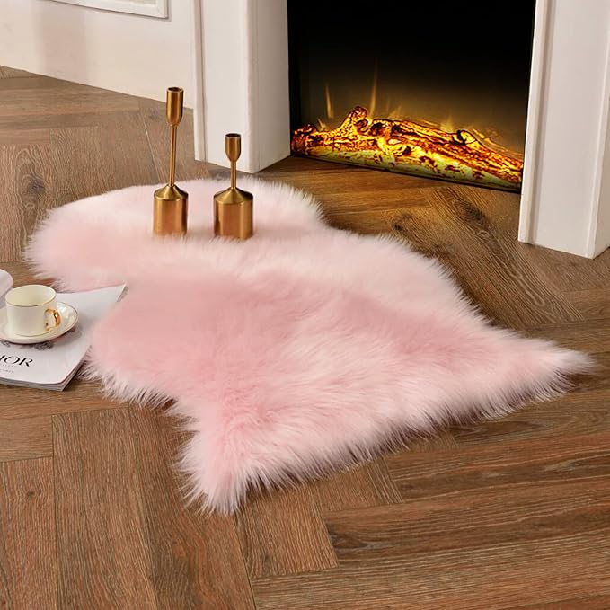 duduta Pastel Pink Rug Faux Sheepskin Fur 2x3 ft, Fluffy Shag Throw Rugs for Girls Bedroom Kids Room Nursery Chair Cover Non Slip