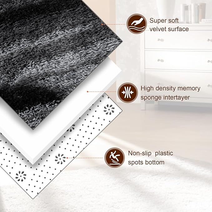 TWINNIS Super Soft Shaggy Rugs Fluffy Carpets, 4x5.9 Feet, Indoor Modern Plush Area Rugs for Living Room Bedroom Kids Room Nursery Home Decor, Upgrade Anti-Skid Rectangular Fuzzy Rug, Black Gray