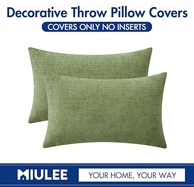 MIULEE Pack of 2 Couch Throw Pillow Covers 14x22 Inch Spring Soft Sage Green Chenille Lumbar Pillow Covers for Sofa Living Room Solid Dyed Cases