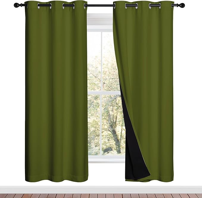 NICETOWN Olive Green Full Shade Curtain Panels, 37" Wide x 70" Long, Olive Green, Pair of Thermal Insulated & Energy Efficiency Blackout Drapes for Living Room, Lined Silky Performance Window Dressing