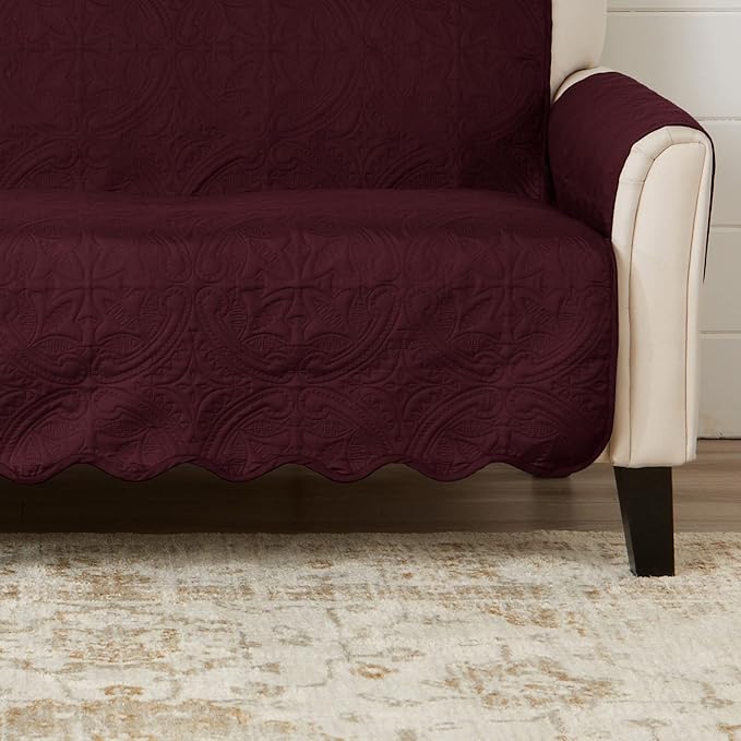 Great Bay Home Reversible Chair Cover - Washable Slipcover Furniture Protector with Elastic Straps - Perfect for Kids & Pets - Quilted & Stitched Detail (Wine/Light Gray)