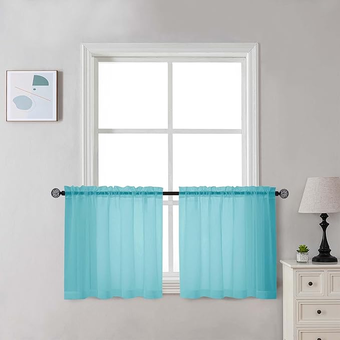 Chyhomenyc Sheer Aqua Tier Curtains 24 Inch Length Set, Small Window Kitchen Curtains for Bathroom Living Room Basement, Farmhouse Short Voile Curtain 42Wx24L, Rod Pocket, 2 PCS