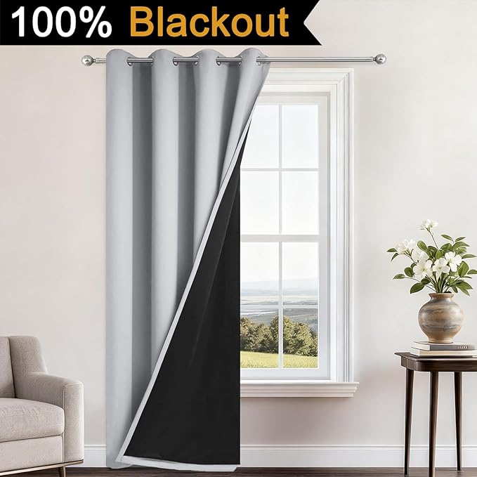 Yakamok 100% Blackout Curtains 96 Inches Long, 2 Thick Layers Heat and Full Light Blocking Soft Thermal Insulated Drapes for Bedroom(52" Wide Each Panel, Light Grey, 1 Panel)