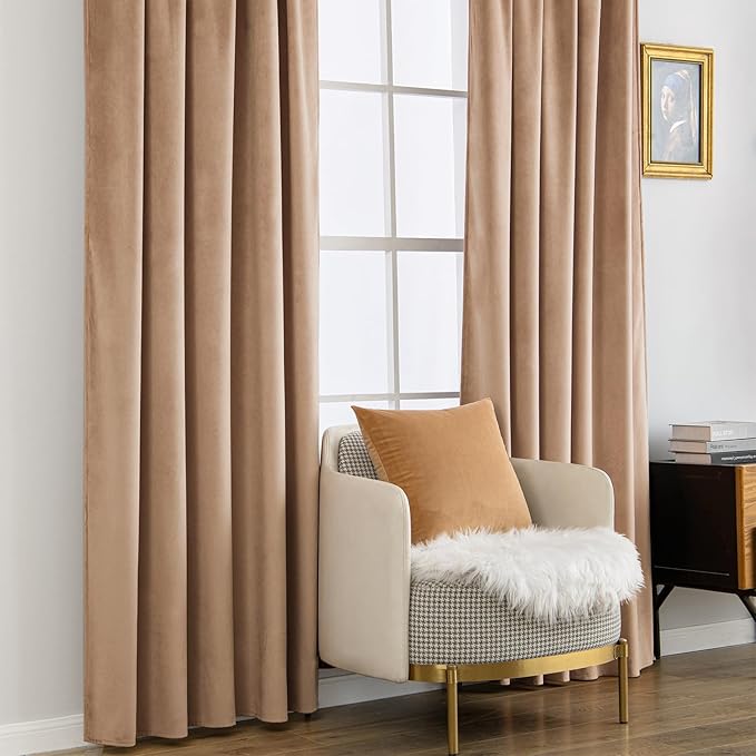 MIULEE Blush Beige Velvet Curtains 90 inches - Luxury Blackout Curtains for Bedroom Living Room Thermal Insulated Super Soft Window Drapes Rod Pocket & Back Tab, W52 x L90 inches, 2 Panels