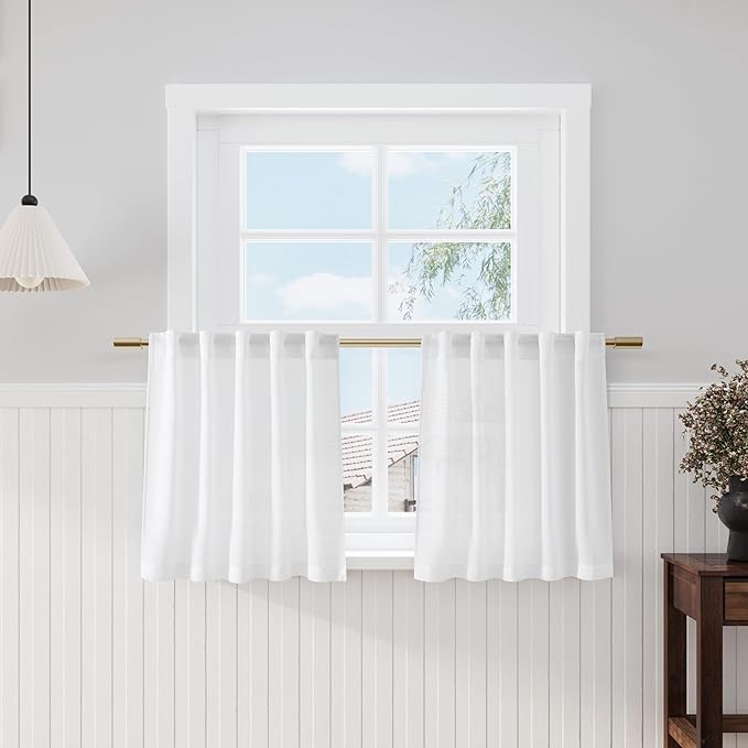 Nanspring White Linen Cafe Curtains 24 Inch Length Light Filtering Semi Sheer Mini Curtains for Small Window Basement Bathroom Camper Back Tab Rod Pocket Short Sheer Kitchen Curtain 30x24 Inches
