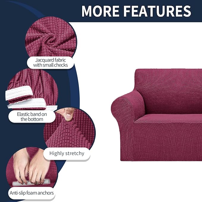 Cupuamon 2026 New Stretch Chair Sofa Slipcovers Couch Cover for 1 Seater Furniture Protector Sofa Covers with Elastic Bottom Jacquard Fabric Small Checks for Pets, Kids - Wine