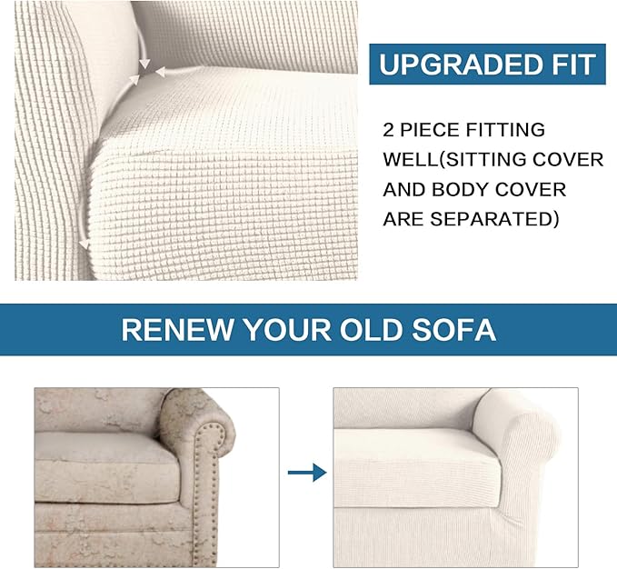 H.VERSAILTEX 2-Pieces Armchair Cover Chair Slipcovers with Arms Furniture Protector Cover Fit Width Up to 47 Inch, Jacquard Spandex Polyester Couch Covers Armchair Slipcover - Ivory, Chair