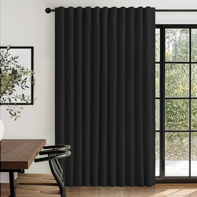 100% Blackout Shield Linen Blackout Curtains for Bedroom 84 Inches Long, Back Tab/Rod Pocket Living Room Drapes, Thermal Insulated Blackout Curtains 1 Panel Set, 100" W x 84" L, Black