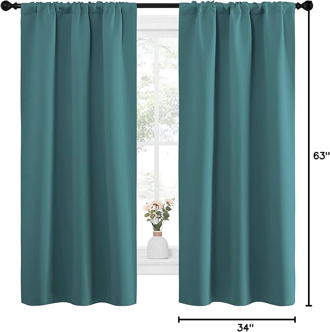 NICETOWN Bedroom Curtains, Three Pass Microfiber Noise Reducing Thermal Insulated Solid Rod Pocket Blackout Window Curtains for Kids Room (Sea Teal, 2 Panels, 34-inch x 63-inch)