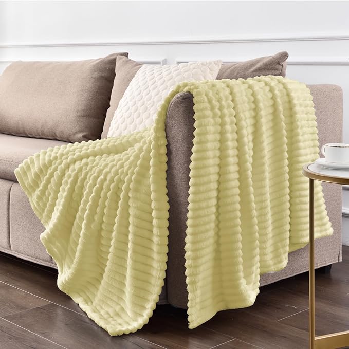 BEDELITE Fleece Throw Blanket for Couch – 3D Ribbed Jacquard Soft and Warm Decorative Fuzzy Blanket – Cozy, Fluffy, Plush Lightweight Transparent Yellow Throw Blankets for Bed, Sofa, 50x60 inches