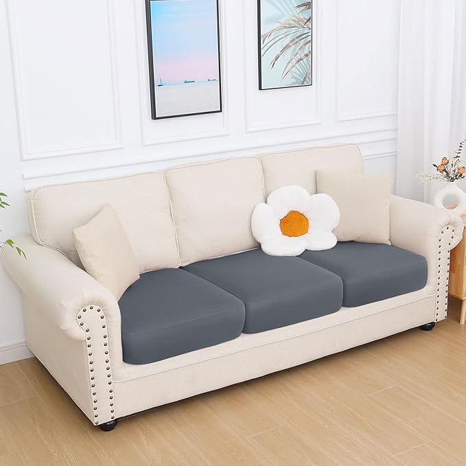 hyha Milk Silk Couch Cushion Covers, Soft Magic Sofa Covers Washable for 3 Cushion Couch, Stretch Sectional Outdoor Cushion Covers for Patio Furniture with Elastic Bottom(3 Packs, Dark Gray)