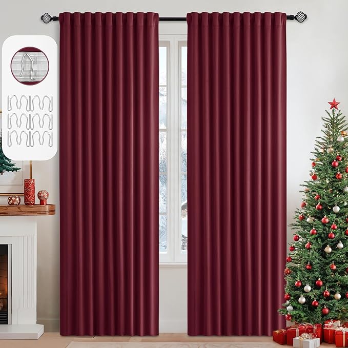 MIULEE Christmas Wine Red Back Tab Blackout Curtains 84 Inch Length 2 Panels Set for Living Room Bedroom Privacy, Rod Pocket/Pinch Pleat Thermal Insulated Room Darkening Pleated Light Blocking Drapes