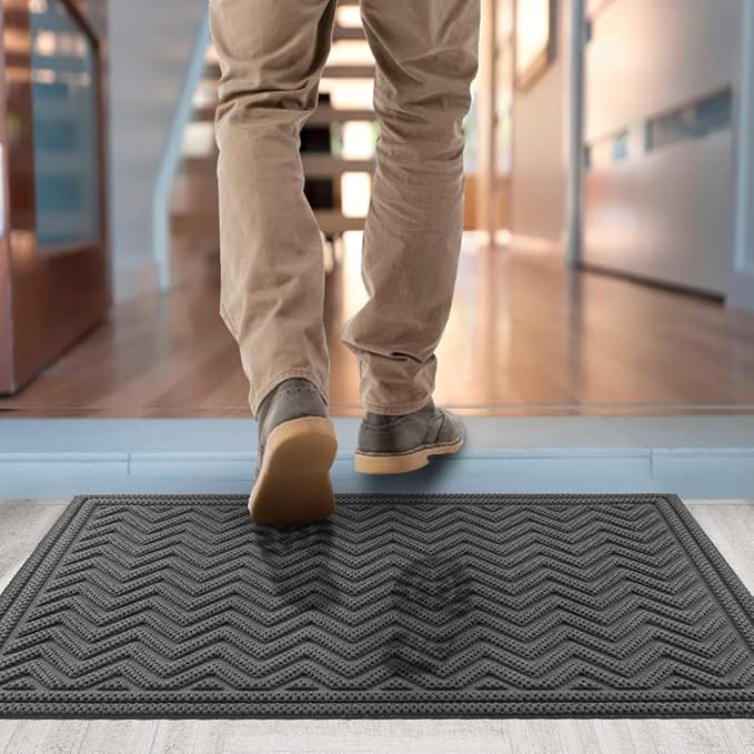 Mibao Front Door Mat, Dirt Trapper Welcome Mat for Outdoor Indoor, Non-Slip Waterproof Doormat, Durable Machine Washable Low Profile Entry Rug for Back Door Outside Patio, 24" x 36", Gray Wave