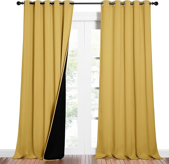 NICETOWN Total Shade Curtains and Draperies, Heavy-Duty Full Light Shading Drapes with Black Liner Backing for Villa/Hall/Dorm Window（Bright Yellow, Package of 2 Panels, 62" Wide x 95" Long