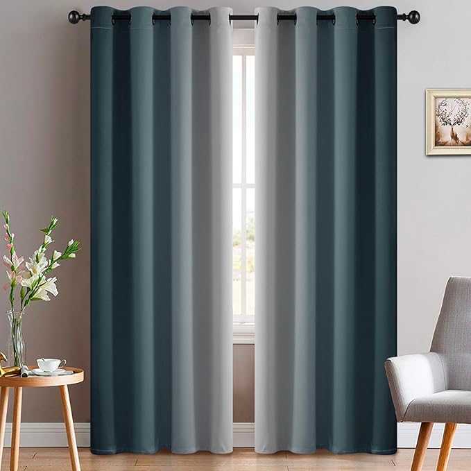 Yakamok Greyish White and Stone Blue Ombre Curtains,Light Blocking Curtains,Room Darkening Grommet Window Drapes for Bedroom(Stone Blue,52x84 Inch,2 Panels)