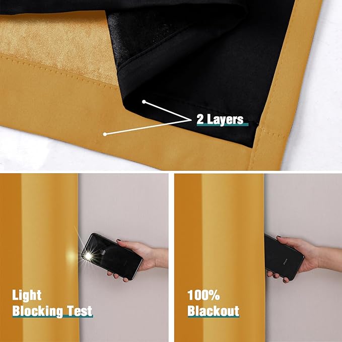 ChrisDowa 100% Blackout Curtains for Bedroom with Black Liner, 2 Thick Layers Total Blackout Thermal Insulated Grommet Window Curtains 2 Panels Set (Mustard Yellow, 52 x 45 Inch)