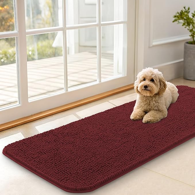 OLANLY Dog Door Mat for Muddy Paws 47x17, Absorbs Moisture and Dirt, Absorbent Non-Slip Washable Doormat, Quick Dry Chenille Mud Mat, Entry Indoor Entryway Carpet for Inside Floor, Caramel Russet