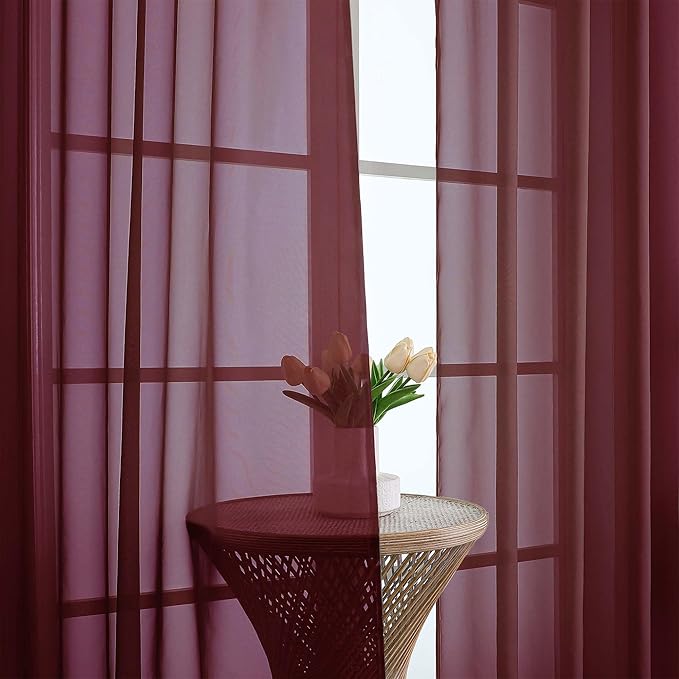 OWENIE Sheer Curtains 84 Inches Long 2 Panels Set, Burgundy Sheer Curtain for Living Room Bedroom, Modern Filmy Rod Pocket Curtains Drapes, 2 Pcs, Each 59 W x 84L, Burgundy