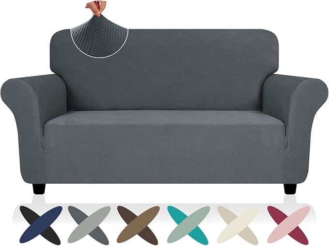 ZNSAYOTX Super Stretch Loveseat Covers (57"-70"), New Striped Love Seat Slipcover, Dogs Pet Friendly Anti-Slip Couch Protector Spandex Durable 2 Seater Fabric Sofa Cover (Dark Grey, Loveseat)